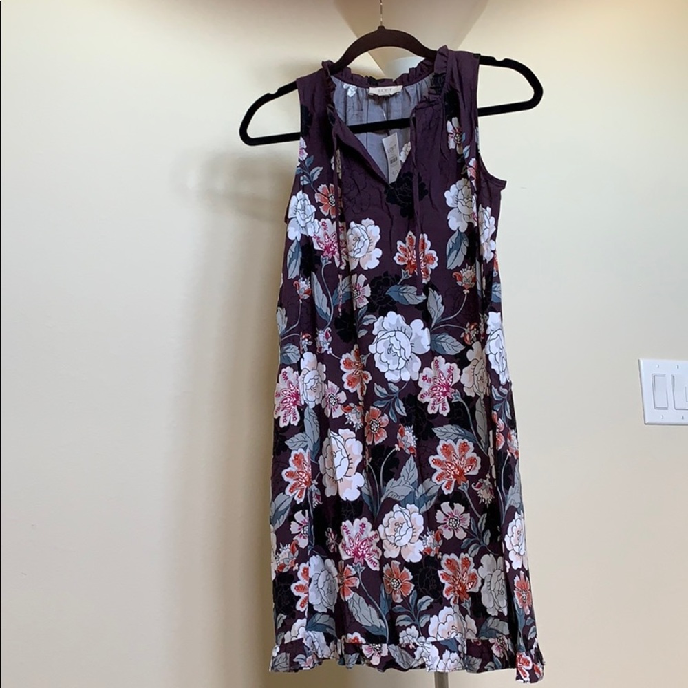 Loft Floral Ruffle Tie Neck Dress